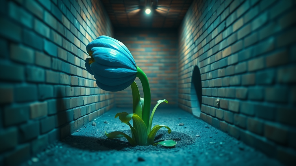 Interior. low depth of field. Underground scene with brick walls and floor. Blue tinted lighting. a large green drain pipe sticks out of the ground. Growing out of the pipe opening, a monster with the head of a blue flower bulb, large mouth with pointy yellow teeth. Its body is a green flower stem with green leaves.