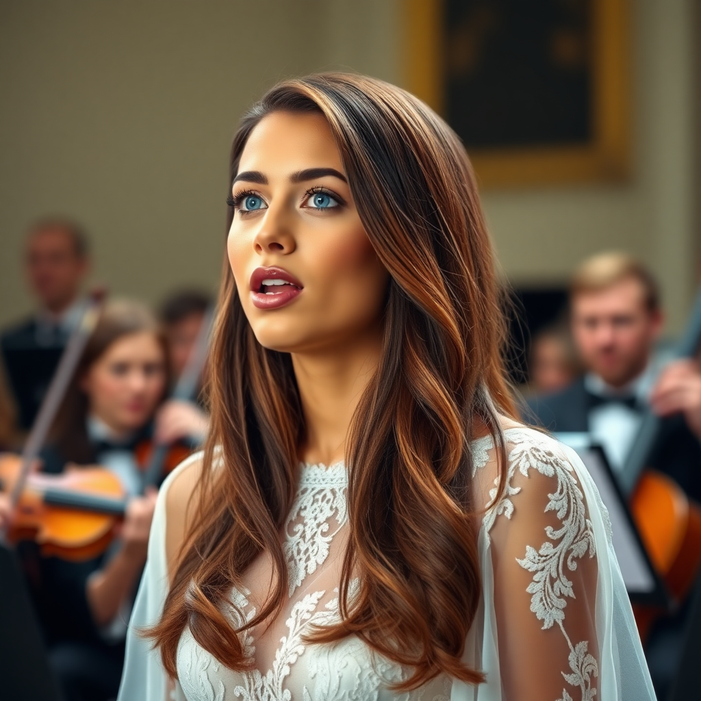 a young woman singing. long brunette hair with highlights, bright blue eyes. suntanned skin. small lips colored pale rose. looking to the side. wearing an elegant long white dress with transparent lace. orchestra in background. photo