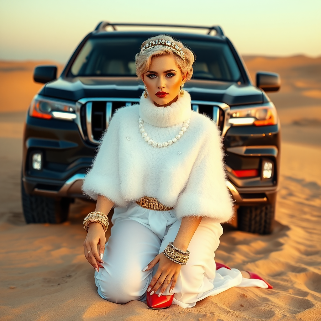 Kuwait desert dunes misty dawn, full size luxury SUV: Melissa, European 17 years old very convincing femboy “trophy-bimbo”, tamed servile docile, very beautiful feminine flawless face, rather short, by hormones very curvaceous womanly figured, platinum blond short tight curls, bold red lips, long white French nails, heavily made-up face, wearing Supertanya-style fluffy very fuzzy bright white angora turtleneck-poncho cropped ending under bust decorated with pearls and glass stones, striking oriental wide gold bridal protection belt, white fully transparent harem pants, bright red pumps with golden very high heels, full Oriental bridal jewelry including headpiece, nose-ring, coin wristlets, coin anklets, striking diamond “Bimbo” letter brooch on left chest, thick heavy pearl wristlets, pearl anklets, pout frustrated, kneeling in sand in front of SUV, looking at camera. Focus on face and turtleneck-poncho.