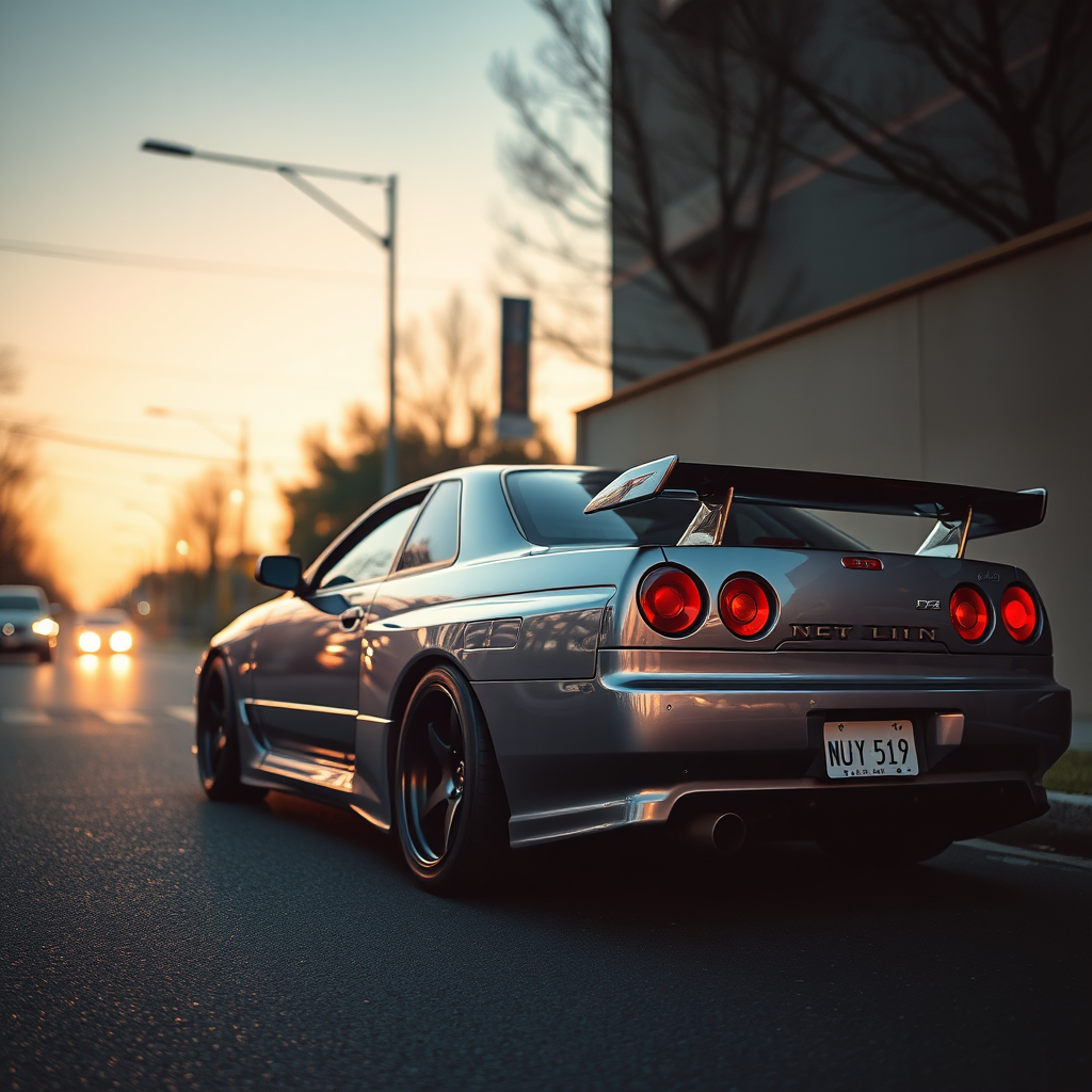 the car is parked on the side of the road, inspired by Taiyō Matsumoto, tumblr, restomod, nd4, c4 metallic shine nissan skyline r34 hard light