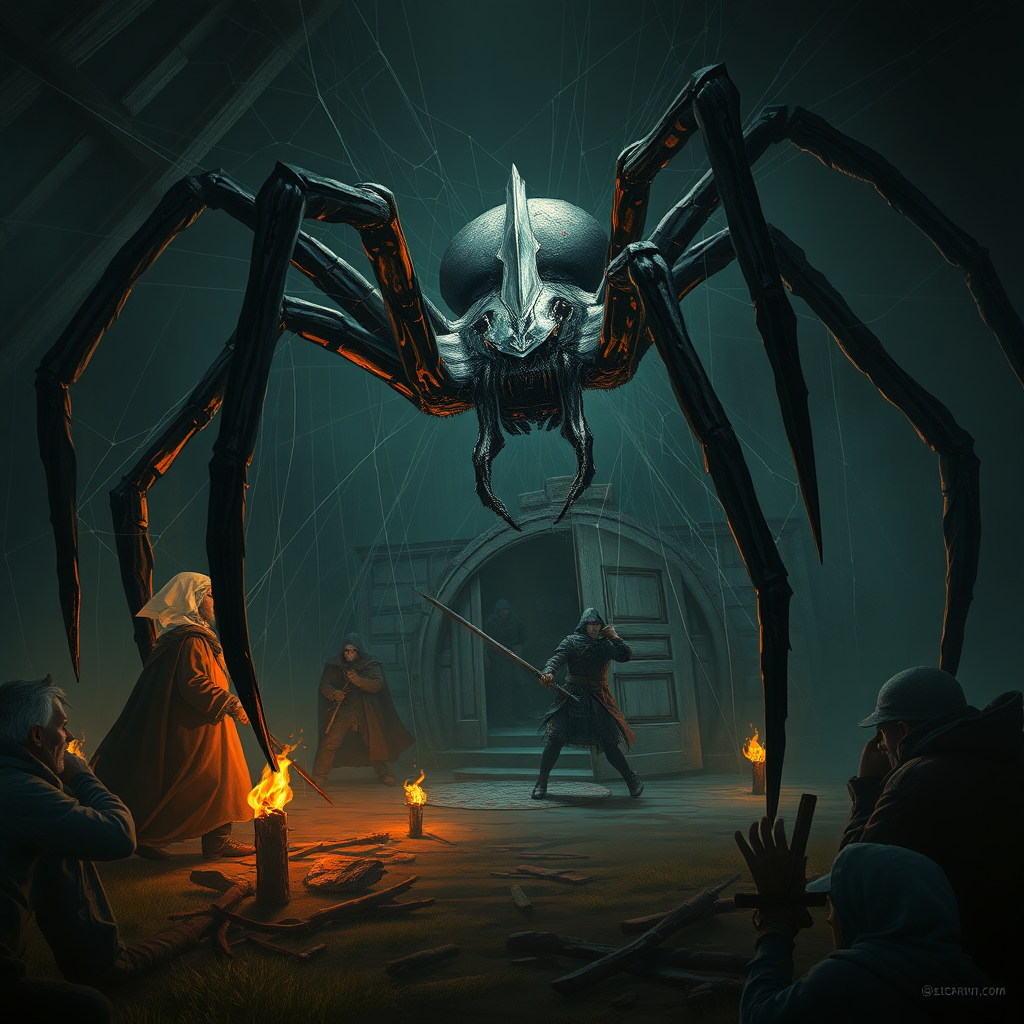 a sword spider as big as a human, the attic of a farmhouse, and several adventurers getting stabbed by sharp legs. One adventurer fleeing through a doorway only to be caught by webs. Torches lay on the ground. digital matte painting.