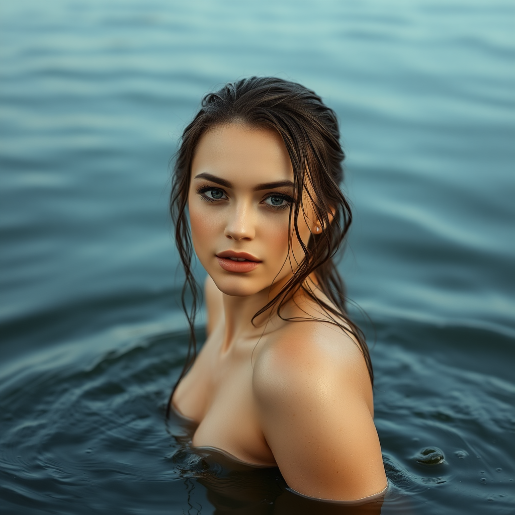 A young European woman just coming out of a lake. She has wet hair. Photo.