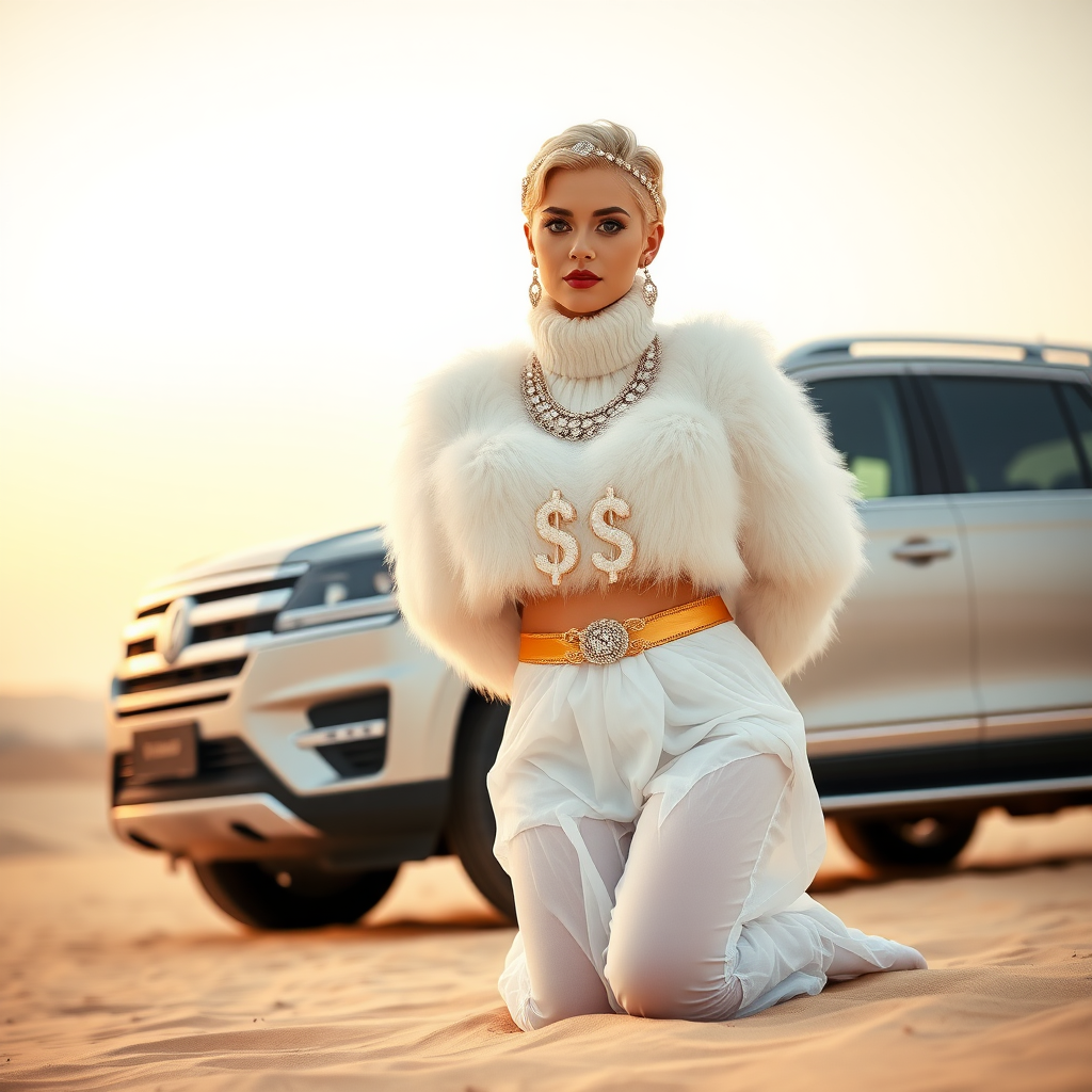 Kuwait desert dunes misty dawn, full size luxury SUV: Melissa, European 17 years old very convincing femboy “trophy-bimbo”, tamed servile docile, very beautiful feminine flawless face, rather short, by hormones very curvaceous womanly figured, platinum blond short tight curls, bold red lips, heavily made-up face, wearing Supertanya-style fluffy very fuzzy bright white angora turtleneck-poncho cropped ending under bust decorated with pearls and gemstones, striking oriental wide gold bridal protection belt, white fully transparent harem pants, full Oriental bridal jewelry with striking headpiece, full Oriental face-jewelry, striking diamond “$$$” letter brooch on left chest, pout frustrated, hands tied behind back, kneeling in sand in front of SUV, looking at camera. Focus on face and turtleneck-poncho.