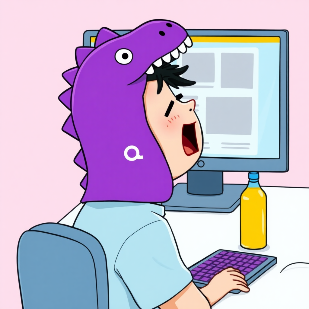 A high-quality illustration of a person sitting at a desk in front of a computer, yawning, with a purple dinosaur-themed cap and light blue shirt. The desk has a computer screen, a keyboard with purple keys, and a yellow bottle beside it. The view is the same as the original image with a light pink background and similar details, but the person now has a dinosaur cap instead of the original one.