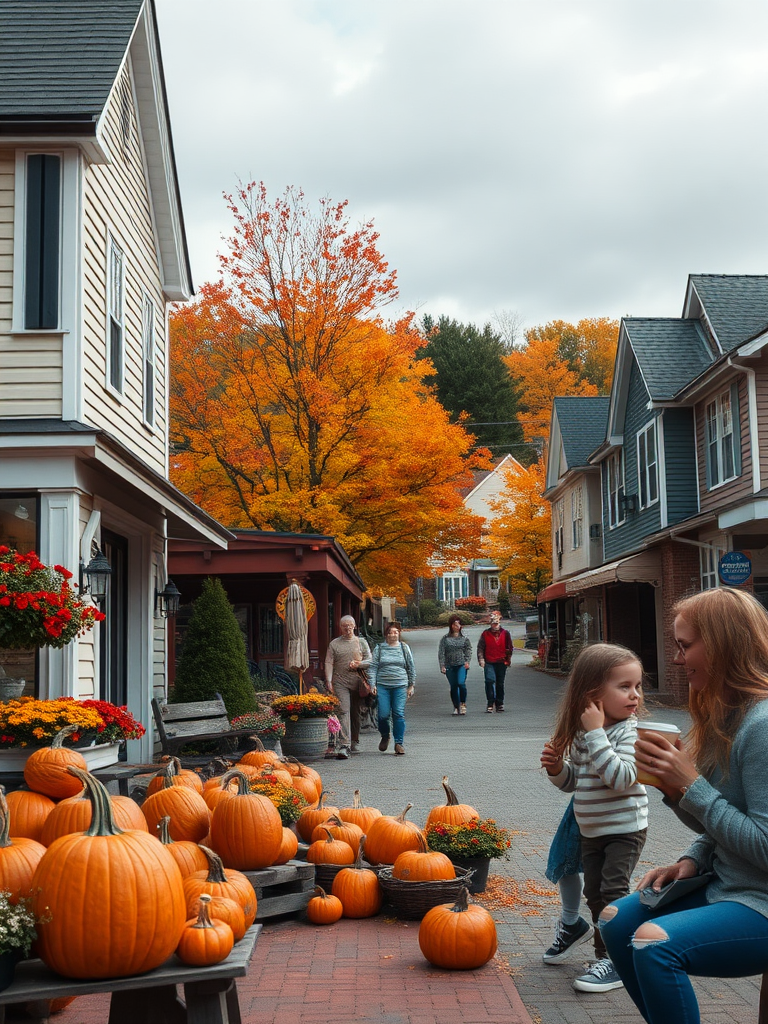 Depict an HD wide format image showing a bucolic New England town heading into fall and all of the highlights that come with the fall season. Including things like leaves changing color, pumpkins, people with fall coffee drinks and football.