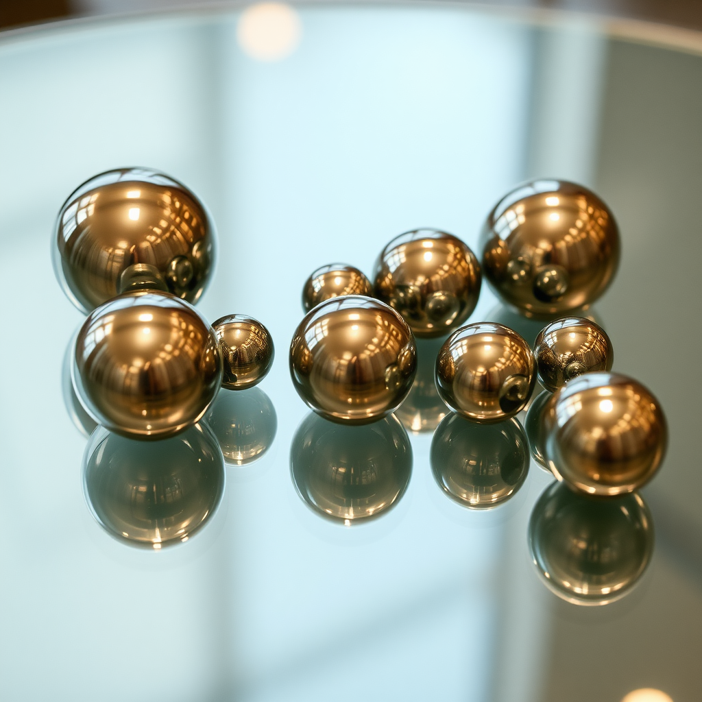 Stainless steel marbles on a glass table