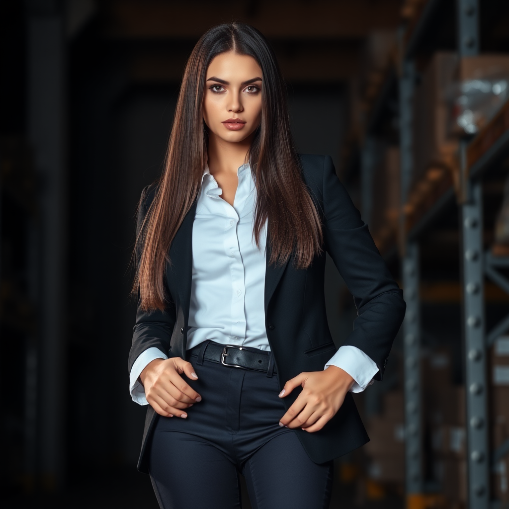 A beautiful straight long haired female burglar in a black blazer over white shirt with black pants in a dark warehouse.