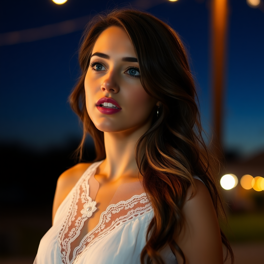 a young woman singing. she is looking like lucy thomas. long brunette hair with highlights, bright blue eyes. suntanned skin. small lips colored pale rose. looking to the side. wearing a long white dress with transparent lace. view from far. night sky in background. photo