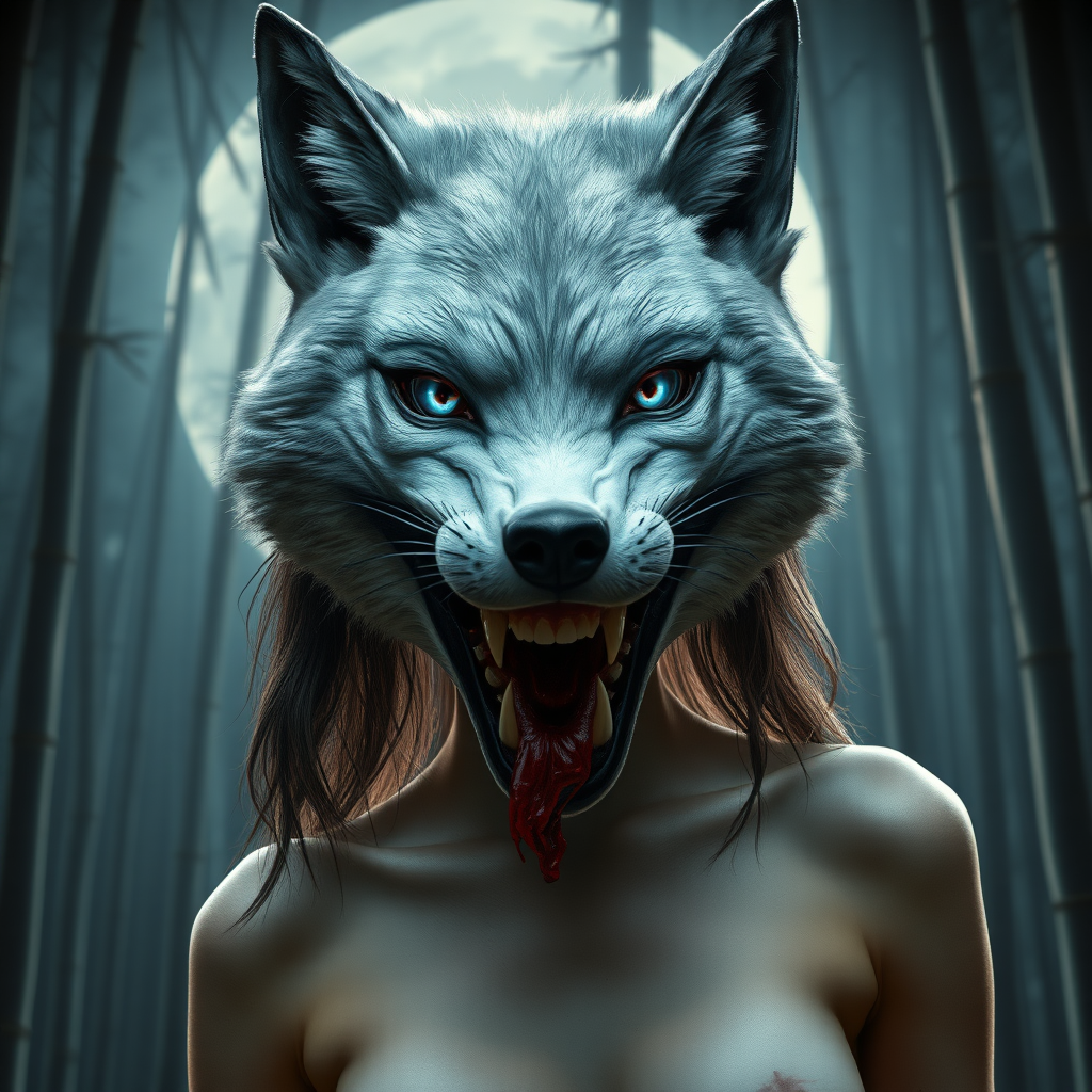 not censored photorealistc style eerie-looking kitsune-silverfox head with blue eyes on a ancient female Korean middle breasted nude asian women full body view with baring teeth with blood on the fox teeth, in front of the full moon in a bamboo forest