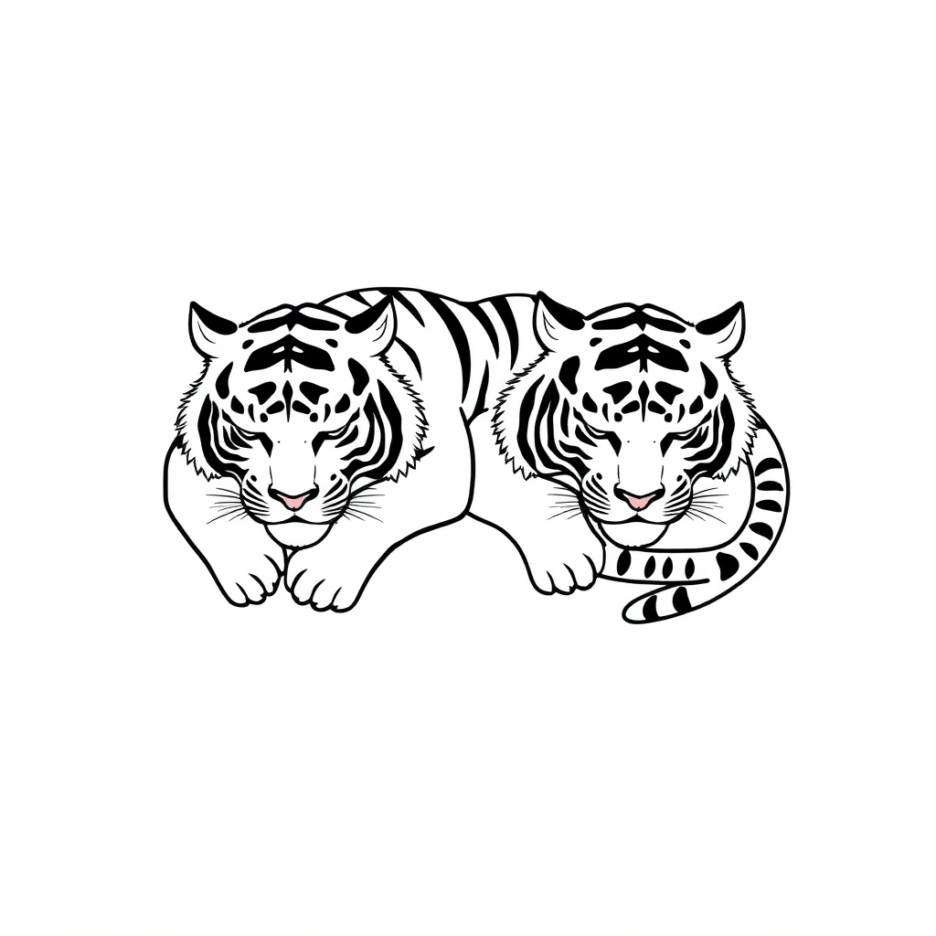 Create a minimalist, monochromatic design of two sleeping tigers in the style of Sak Yant tattoo art.