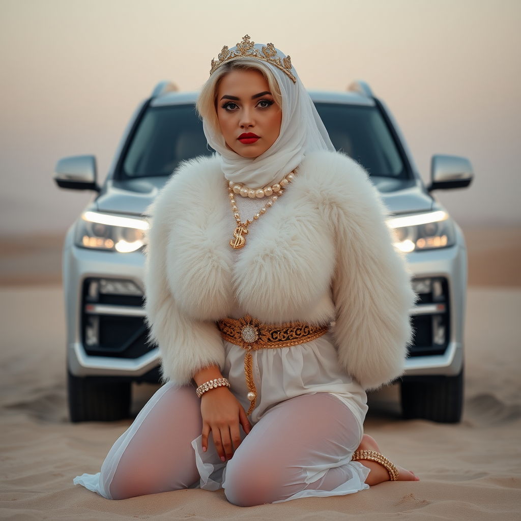 Kuwait desert dunes misty dawn, full size luxury SUV: Melissa, European 17 years old very convincing femboy “trophy-bimbo”, tamed servile docile, very beautiful feminine flawless face, rather short, by hormones very curvaceous womanly figured, platinum blond short tight curls, bold red lips, heavily made-up face, wearing Supertanya-style fluffy very fuzzy bright white angora turtleneck-poncho cropped ending under bust decorated with pearls and gemstones, striking oriental wide gold bridal protection belt, white fully transparent harem pants, full Oriental bridal jewelry including headpiece, white transparent harem-style alluring face veil covering noose and mouth, coin anklets, striking diamond “$$$” letter brooch on left chest, pout frustrated, hands tied behind back, kneeling in sand in front of SUV, looking at camera. Focus on face and turtleneck-poncho.