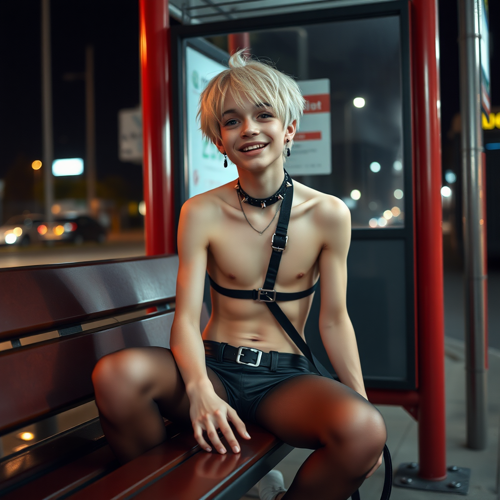 photorealistic, ultra high resolution, 16K, surreal fantasy, studio lighting, a pretty 16 year old goth boy, slim male physique, short blonde hair, goth makeup, earrings, pantyhose, harness, spikey dog collar and leash, trainer-bra, white ballet shoes, sitting on a bench at the bus stop, excited smile, facing the camera.