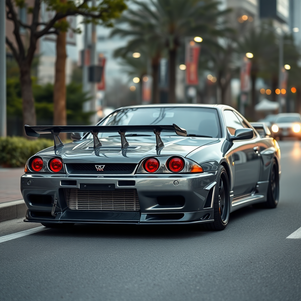 the car is parked on the side of the road, inspired by Taiyō Matsumoto, tumblr, restomod, nd4, c4 metallic shine gray black nissan skyline r34 tokyo gece cosplay kadınlar arkaplan hatasız tam ayrıntılı genel gerçek detaylar