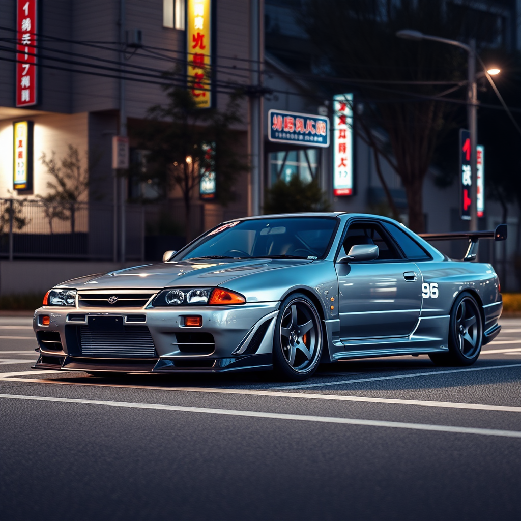 The car is parked on the side of the road, inspired by Taiyō Matsumoto, tumblr, restomod, nd4, c4 metallic shine gray black nissan skyline r34 tokyo arkaplan hatasız tam eksiksiz ayrıntılı genel gerçek detaylar en iyi fotoğraf poz sinematik hafif yağış su damlalar yansıma ıslak yol need for speed tarzı body kit