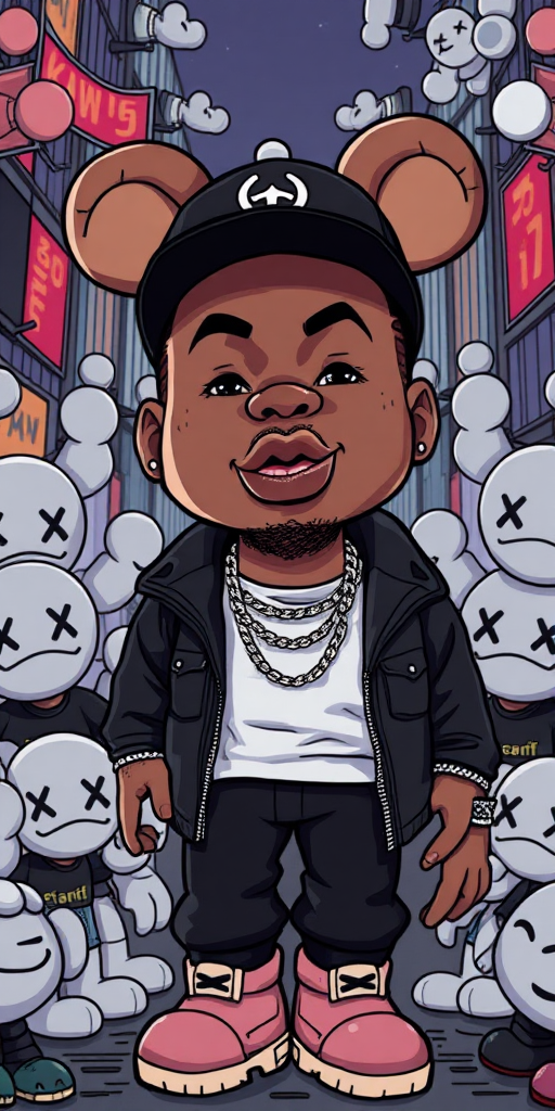 create an illustration of the rapper Chris Brown surrounded by Bearbrick and KAWS background hanoi