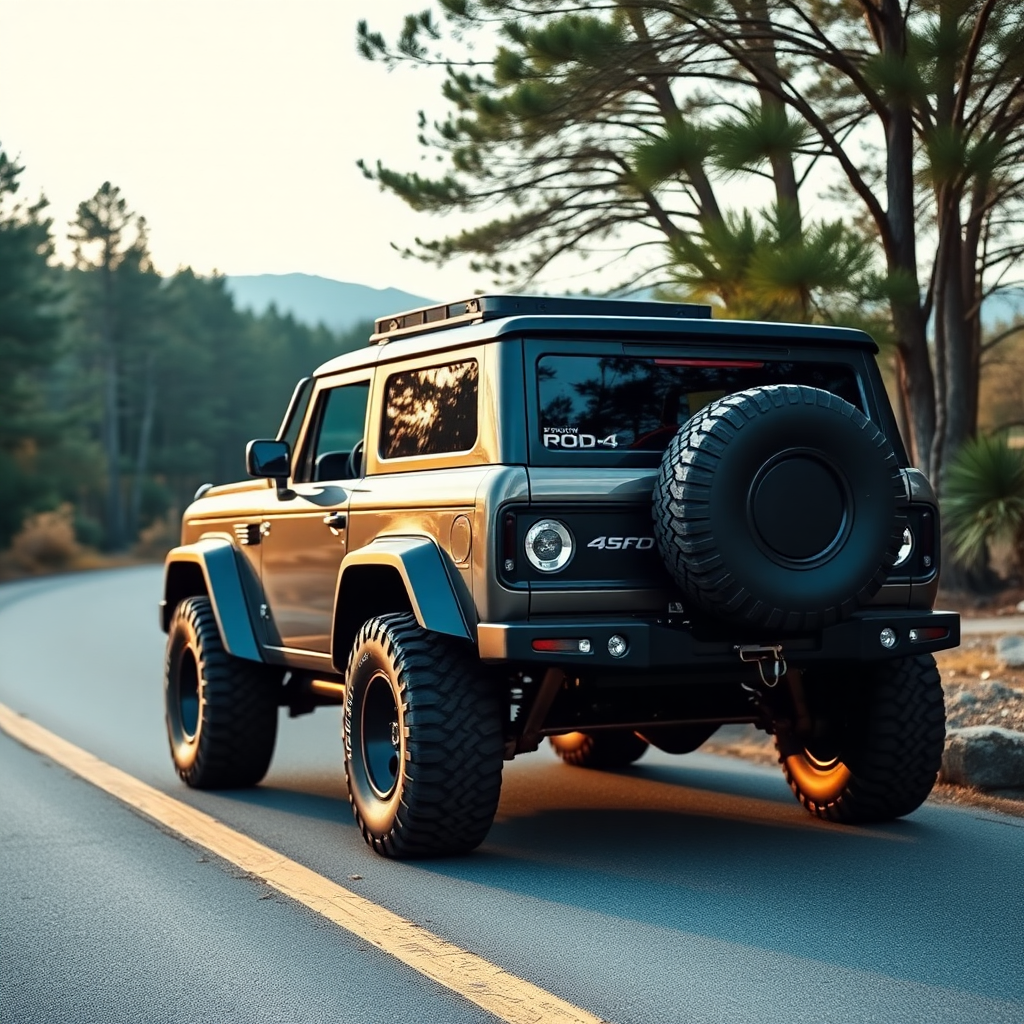 concept ford bronco the 4x4 car is parked on the side of the road, inspired by Taiyō Matsumoto, tumblr, restomod, nd4, c4