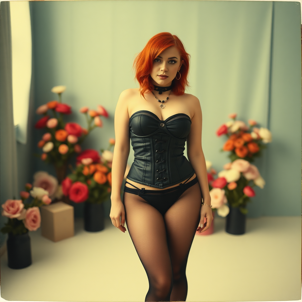 old polaroid photo depicting a sexy curvy alt goth girl with red hair wearing an underbust corset and black stockings with thong panties standing in a photography studio filled with flowers