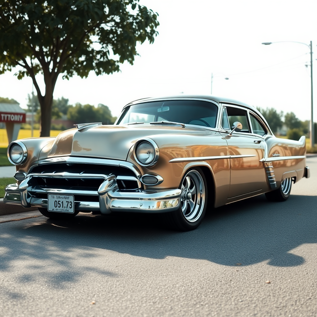 metallic shine classic car is parked on the side of the road, inspired by Taiyō Matsumoto, tumblr, restomod, nd4, c4 metallic shine classic american low rider muscle car