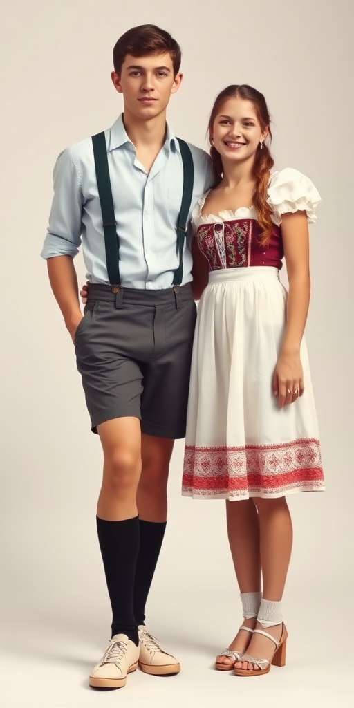 A tall 13yo teen boy, wearing shirt, very tight booty lederhosen, tube socks, shoes, long legs, narrow thighs. With a girl wearing traditional long dress. full-length view. studio background. Family photo. 1980s. 
photorealistic, ultra high resolution, 16K,
Negative: grainy, blurry, bad anatomy, extra limbs, watermark.