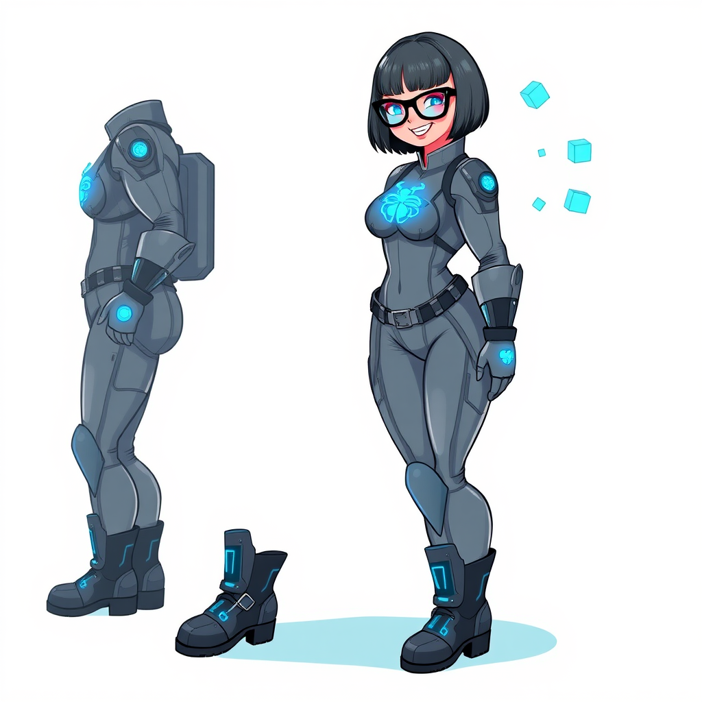 A heavily, extremely, and intensely pampered nerdy full-figured middle gray digital sidekick, a 28-year-old computer major, has been transformed by her doting vigilante boyfriend. Her distinct, metallic, middle gray skin and bob cut appear to blend together simulating computer data, and her neon blue eyes glow with intelligence. Her full-figured physique, now showcasing a large round midsection, thick limbs, and broad shoulders, contrasted by a slim face, clearly reflects her indulgence and pampering. Her full figure is prominently highlighted, with her prominent, large, round midsection and thick limbs emphasizing her pampered sidekick status. As the loyal and supportive sidekick, she plays a crucial role in their missions, using her digital prowess to assist and protect.

She wears a digital middle gray suit with a neon blue glowing scarab beetle chest icon, digital middle gray boots with neon blue glowing scarab beetle themed accents, and matching high-tech gloves with matching accents. She bashfully giggles with a neon red blush, emitting neon blue data cubes from her body. Her full figure clearly shows how pampered she is. Her nerdiness is accentuated by her black oversized eyeglasses.

Her outfit, influenced by DC’s Jennifer Knight Phantom Lady, remains distinct. Adding to her pampering, she serves as his minicomputer, traveling in his high-tech wristwatch and supercar’s computer system. Using her ability to hack into computers and machines, she relays crucial knowledge relating to his missions.

Her prominent, large, rounded midsection and thick limbs are on full display, emphasizing her indulgence and pampering while maintaining her nerdy physique. She is on a solid white background. She is drawn as if she was in a retro 2D cyberpunk fighting game. Ensure her midsection is round.