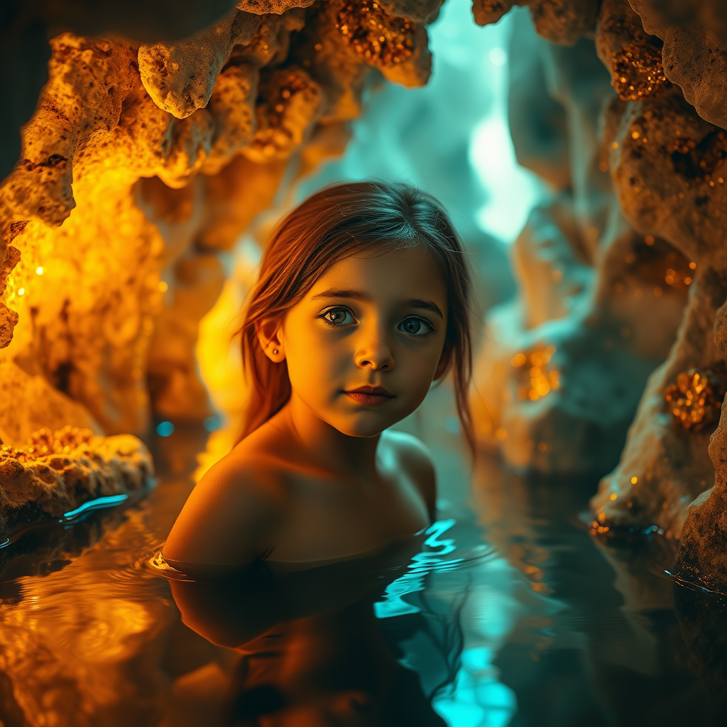 a young girl in a flooded cave, bjd, high quality photo, intricate environment, ultra-detailed, impressionistic, dynamic composition, artistic photograph, geode, alabaster, gold, fractal, intense colors, glittering, sunlight, illumination, transparency, mandelbulb