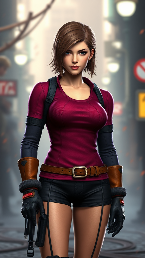 Create a full-length render featuring Daphne Blake using the male figure of Chris Redfield. Keep Daphne's head intact, including hairstyle and facial features. Retain Daphne's original costume, modified to fit the new male form. For the background, blend elements inspired by both characters, creating a unique environment reflective of their combined themes.