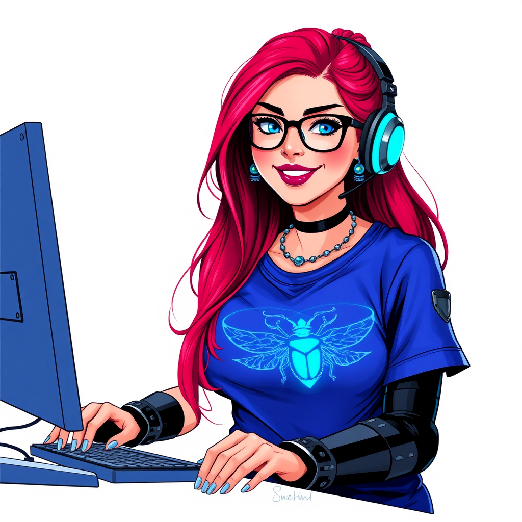 A cyberpunk vigilante’s full-figured intelligent and tech-savvy 29-year-old girlfriend, who is a computer hacker and tech genius. She has a long ruby red ponytail and bright blue eyes. She wears maximum blue lipstick, a sapphire beetle gemstone necklace, sapphire earrings, black eyeglasses, hi-tech metal arm armor, and an oversized maximum blue t-shirt featuring a neon blue glowing emblem of a winged beetle on its chest. She has a full-figured physique with a giant, round midsection, reflecting her well-cared-for lifestyle. She sports a sapphire headset with a hi-tech maximum turquoise lensed HUD, and a beaming smile with a passionate bright red blush. Despite her figure and a lack of self-esteem, she radiates beauty. She has a slim face which contributes to her radiant beauty. She serves as his tech expert from his hideout, diligently working at her lab table and computer desk. The background is solid white. She is drawn as if she was in a retro 2D cyberpunk fighting game.