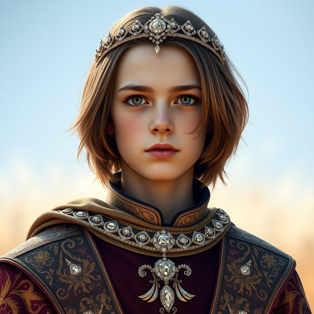 16yo teen boy prince, long bob cut, embroidered with gold and diamonds medieval cloths, diamond diadem, with automatic and Beautiful War. Free style by FLUX photorealistic, ultra high resolution, 16K,