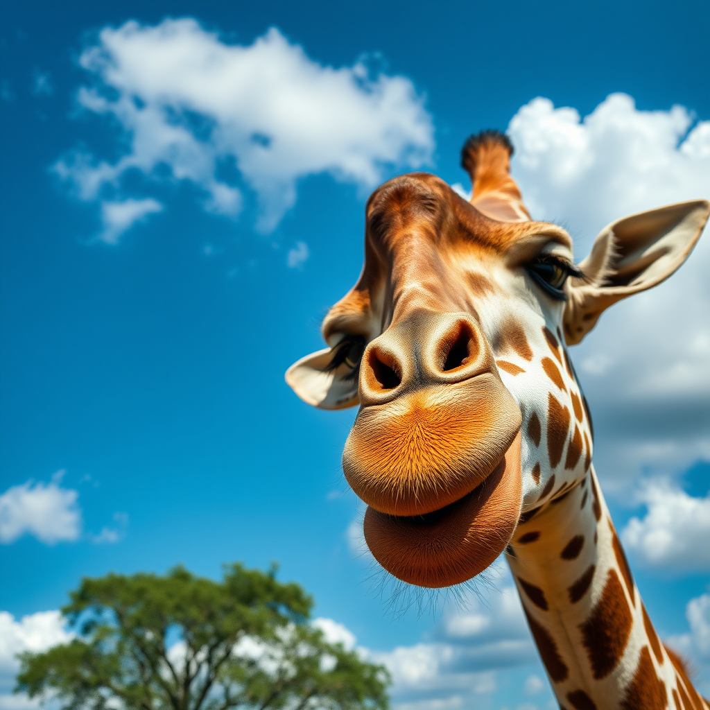 Close up of solitary, silly face, tongue sticking out giraffe, tree and blue sky with clouds, realistic, high detail, epic, high fantasy, high resolution