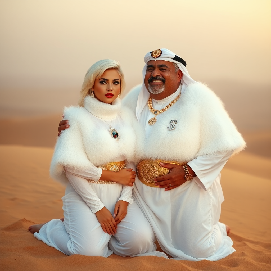 Kuwait desert dunes misty dawn: Melissa, European 17 years old very convincing femboy “trophy-bimbo”, tamed servile docile, very beautiful feminine flawless face, rather short boyish figure, platinum blond short tight curls, bold red lips, heavily made-up face, wearing Supertanya-style fluffy very fuzzy bright white angora turtleneck-poncho cropped ending under bust decorated with pearls and gemstones, striking oriental wide gold bridal protection belt, white fully transparent harem pants, full Oriental bridal jewelry with striking headpiece, full Oriental face-jewelry, striking diamond “$$$” letter brooch on left chest, pout frustrated, hands tied behind back, kneeling in sand with older overweight mighty sheik laughing, devotedly embracing Melissa.