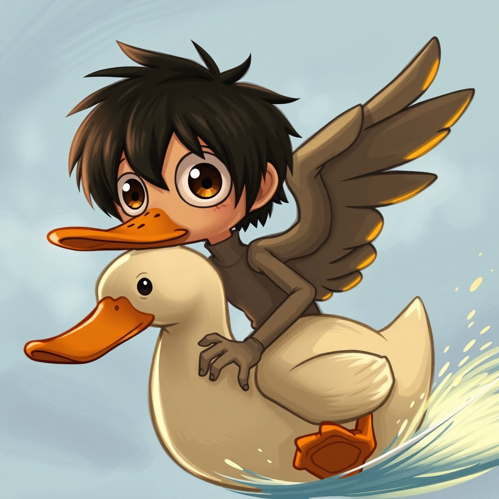 eren jaeger with huge eyes riding a duck