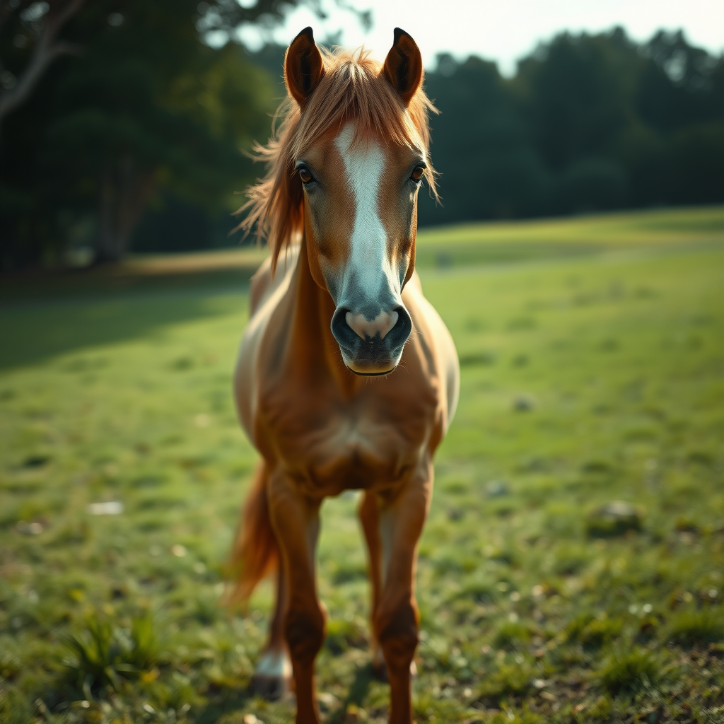 A naked stallion from below without hair.