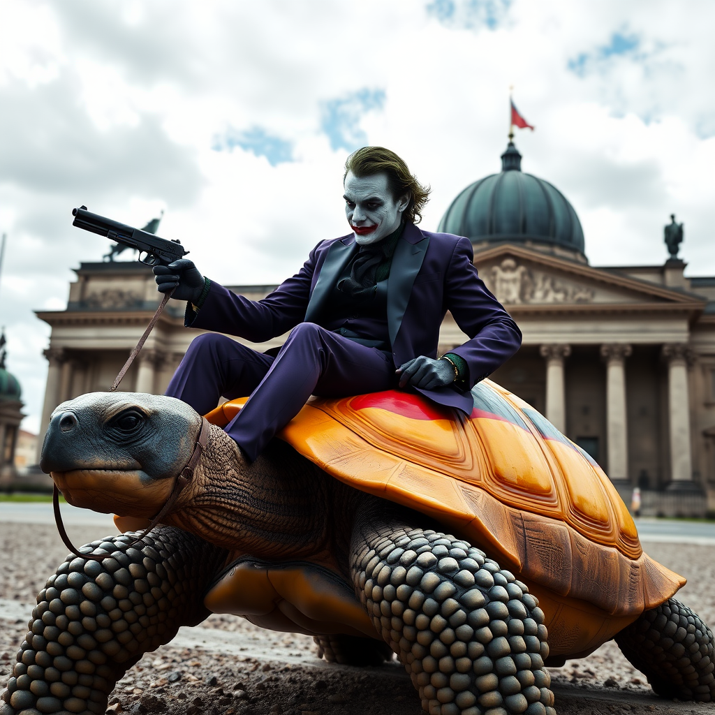 A photorealistic scene showing the Joker, dressed in a dark purple suit with a black shirt, riding on the back of a giant tortoise. The tortoise has a bridle in its mouth, and the Joker holds the reins with his right hand. In his left hand, he grips a pistol. The upper part of the tortoise's shell is painted in the bright colors of the German flag (black, red, and yellow), with the flag's design clearly visible. In the background, the iconic German Bundestag building is prominently displayed under a partly cloudy sky, completing the surreal and striking scene.