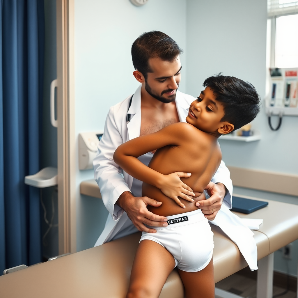 A young Indian boy, possibly 12, shirtless, and his hairy doctor, both wearing matching fitted white briefs, share a tender moment on an exam table in a pediatric office. The doctor embraces the boy, creating a warm and intimate atmosphere in the clinical setting. The doctor is shirtless under his lab coat.