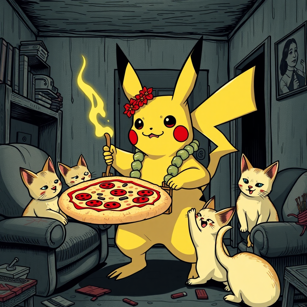 A well dressed handsome Pikachu demon delivering Hawaiian pizza to angry kittens in a decayed apartment, Chinese woodcut, Mormon, Catholic