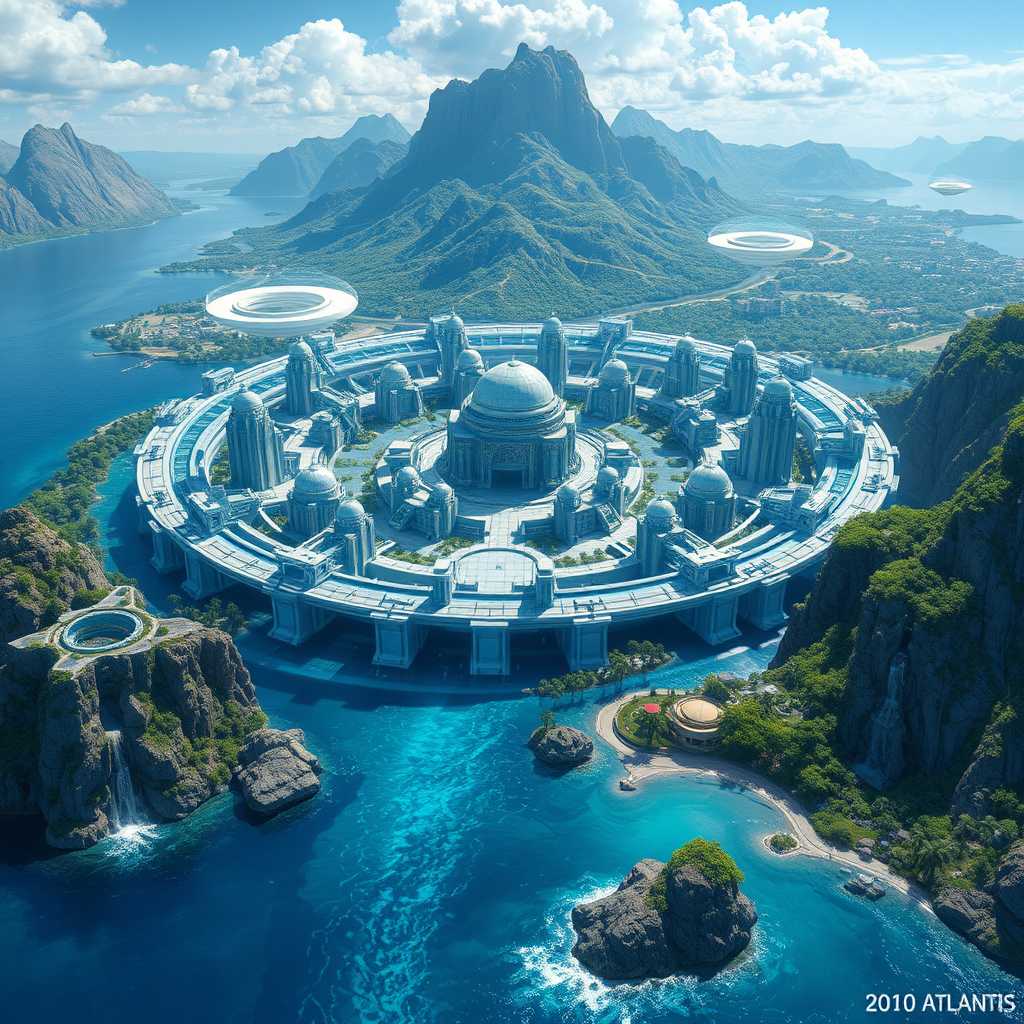 In this 8k resolution anime art, the scene presents an awe-inspiring and cinematic view of Greater Atlantis, a technologically advanced Greek-styled city. The cityscape is grand and expansive, featuring towering, uniquely-shaped structures crafted from blue marble, their intricate designs reflecting a blend of classical elegance and futuristic innovation.

The city is encircled by a massive ringed structure, creating a dramatic and protective barrier that adds a sense of grandeur and scale to the scene. This ringed structure is both functional and ornamental, its design seamlessly integrating with the overall aesthetics of the city.

The surrounding waters are expansive and crystal clear, with white, technologically advanced objects gracefully hovering above the surface, adding a touch of futuristic technology. These floating elements contrast beautifully with the natural landscape, creating a harmonious blend of the organic and the synthetic.

Mountains rise majestically in the background, their peaks adorned with cascading waterfalls that shimmer in the light. The waterfalls tumble down the rocky slopes into the waters below, creating a serene and picturesque setting.

Tropical lands with lush greenery and vibrant flora spread out around the city, enhancing the sense of paradise and luxury. The combination of advanced technology and natural beauty encapsulates the essence of Greater Atlantis, making it a captivating and immersive world.

The entire scene is rendered with high-quality cinematic visuals, capturing the grandeur and magnificence of this extraordinary city in stunning detail.