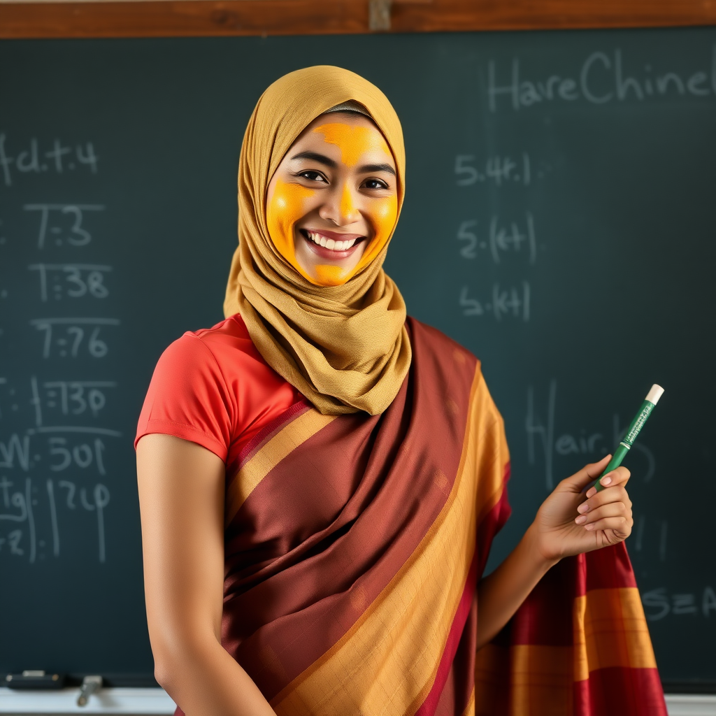 slim, 30 year old, sexy, chinese female school teacher, saree, scarf head, turmeric face mask. She is smiling and teaching on a blackboard