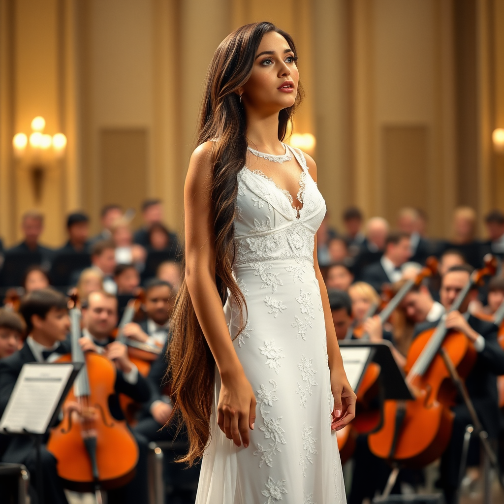 a young woman singing. a large orchestra in background. she stands in the middle of the stage. long brunette hair with highlights, bright blue eyes. suntanned skin. small lips colored pale rose. wearing an elegant long white dress with transparent lace and white pumps. photo from some distance.