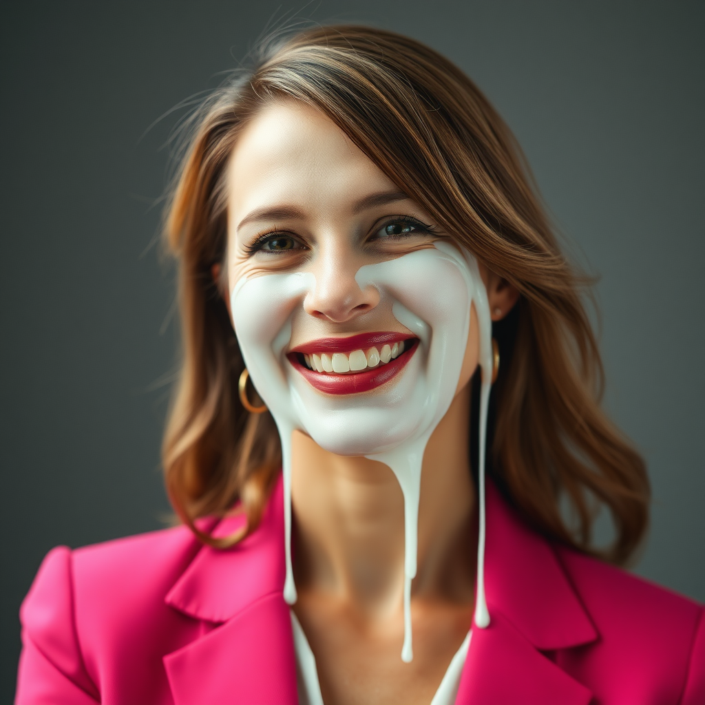 mature attractive business woman with white almost translucent slime dripping down her face, she looks happy and smiling