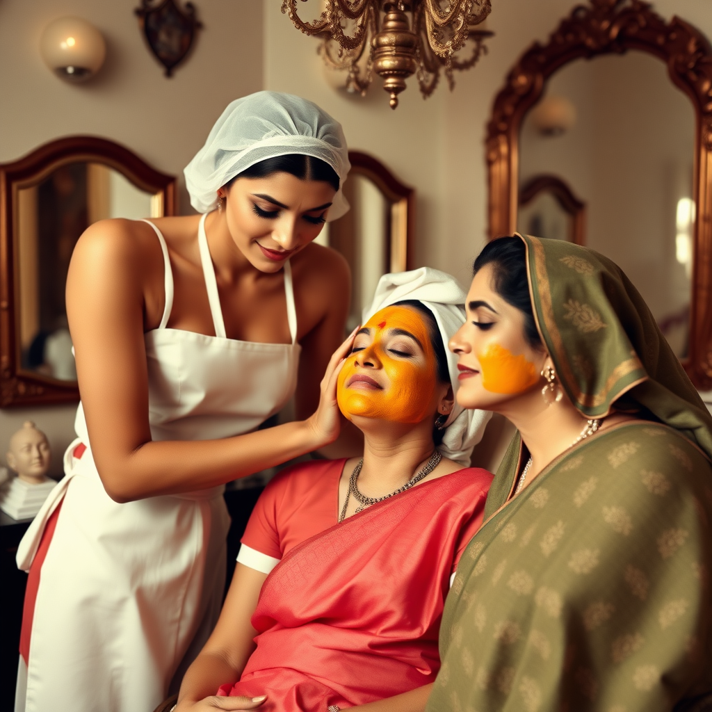 2 slim French maids, wearing hair nets, working in a beauty parlour, giving a turmeric facial to a rich, traditional Indian wife.