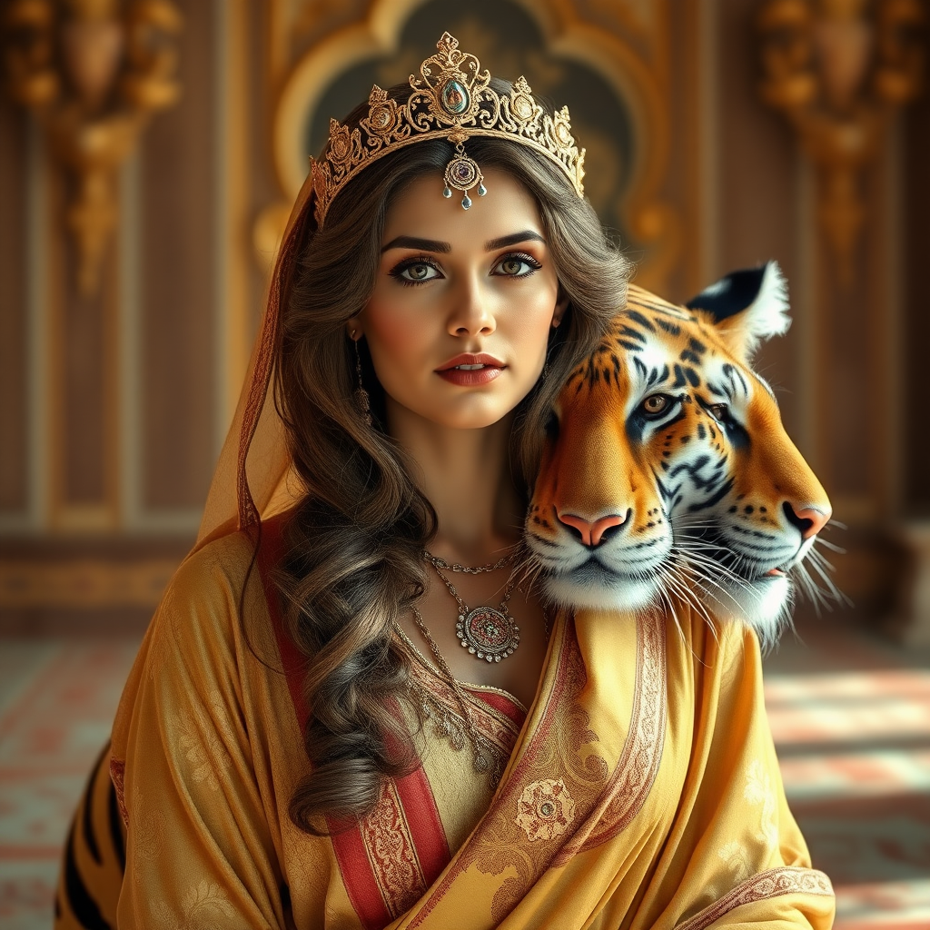 an arabic princess of 19 years standing in the palace. a tiger on her side. photo