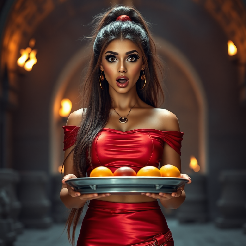 realistic photo of a surprised Arabian model with mouth open. She has very large eyes, black eyeshadow, black eyeliner, fake eyelashes, very tanned skin, very long hair. very high ponytail, she look likes princess jasmine, shinny red off shoulder crop top. photo realistic. She holds a metal tray with fruits just above her waist. crop top, shinny red skirt. full body view. shinny red pencil skirt. dungeon with fire torches in the background.