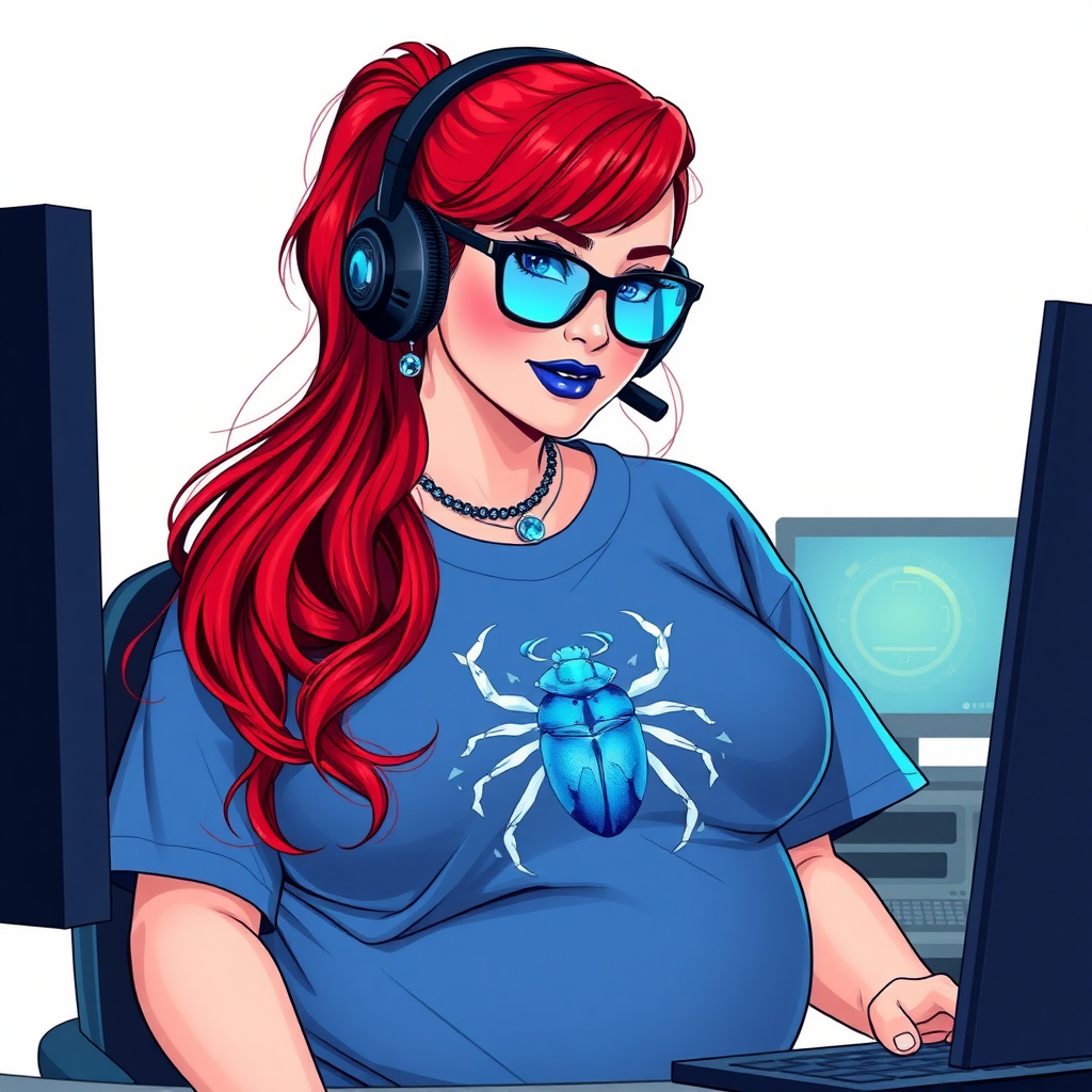 A cyberpunk vigilante’s full-figured intelligent and tech-savvy 28-year-old girlfriend, who is a computer hacker and tech genius. She has a long ruby red ponytail. She wears maximum blue lipstick, bright blue eyes, a sapphire beetle gemstone necklace, sapphire earrings, black eyeglasses, and an oversized maximum blue t-shirt featuring a blue sapphire gemstone crusted beetle chest icon. She has a full-figured physique with a prominent, massive, round belly, reflecting her well-cared-for lifestyle. She sports a sapphire headset with a hi-tech maximum turquoise lensed HUD, and a shy smile with a neon red blush. She serves as his tech expert from his hideout, diligently working at her lab table computer desk. The background is solid white. She is drawn as if she was in a retro 2D cyberpunk fighting game. Ensure her t-shirt covers her belly.