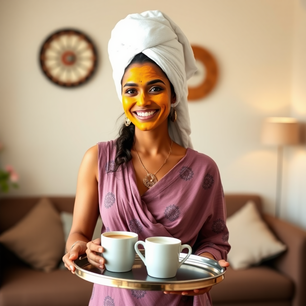 slim, 30 year old, indian Bride, towel head, turmeric face mask. She is smiling and serving coffee on a tray in living room.