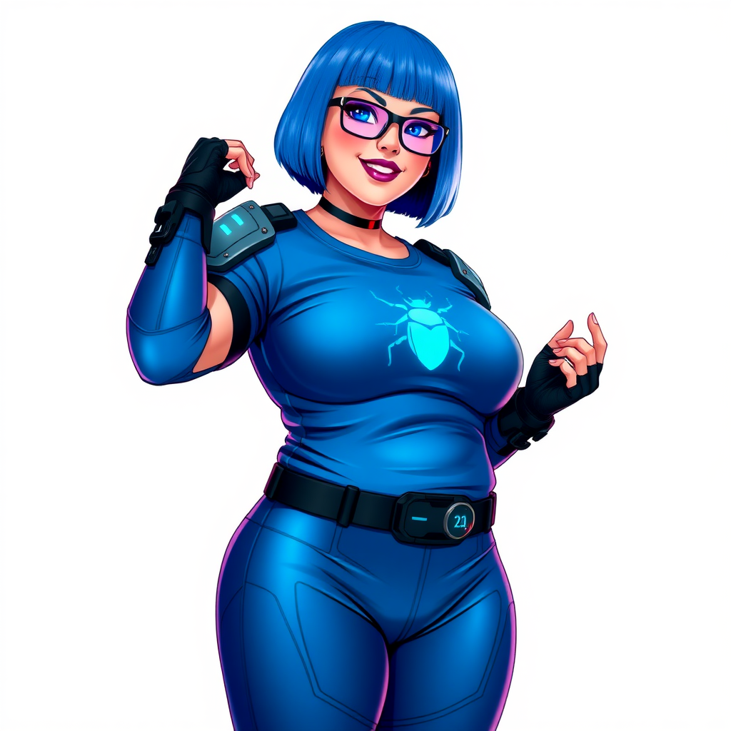 A 28-year-old, full-figured, metallic maximum blue (5PB 5/10) skinned computer program hybrid with a maximum blue bob cut. She has a non-athletic build, highlighted by a prominent, round, large midsection (with emphasis on her round large belly), which shows the effects of her new love of junk food acquired from her boyfriend. As the full-figured, nerdy, digital sidekick to her cyberpunk vigilante boyfriend, her metallic maximum blue skin and maximum blue lipstick (5PB 5/12) emphasize her digital nature. Her skin has a subtle, animated glow, with digital patterns occasionally flickering across it, making her digital nature obvious. She wears a digital, computerized costume, consisting of a massive, tight-fitting, maximum blue t-shirt (5PB 5/12) made out of advanced nanotech with a neon blue glowing chest icon of a beetle, hi-tech shoulder pads with neon blue accents, a black hi-tech belt with a digital neon blue glowing buckle, digital maximum blue biker pants (5PB 5/12) with neon blue accents, and black hi-tech fingerless biker gloves with neon blue glowing accents. Her neon blue glowing eyes, black eyeglasses with neon blue glowing lenses equipped with a built-in HUD, and bashful smile with neon red blush accentuate her nerdiness. She stands bashfully with one hand behind her back and the other hand gently touching her cheek, her costume covering all her skin and emphasizing her full figure (especially her round large belly). She is clearly non-athletic, with a focus on her full-figured physique. Despite her build, she radiates beauty. She has a slim face compared to her physique, accentuating her radiant beauty. She is on a solid white background. She is drawn as if she were in a retro 2D cyberpunk fighting game.