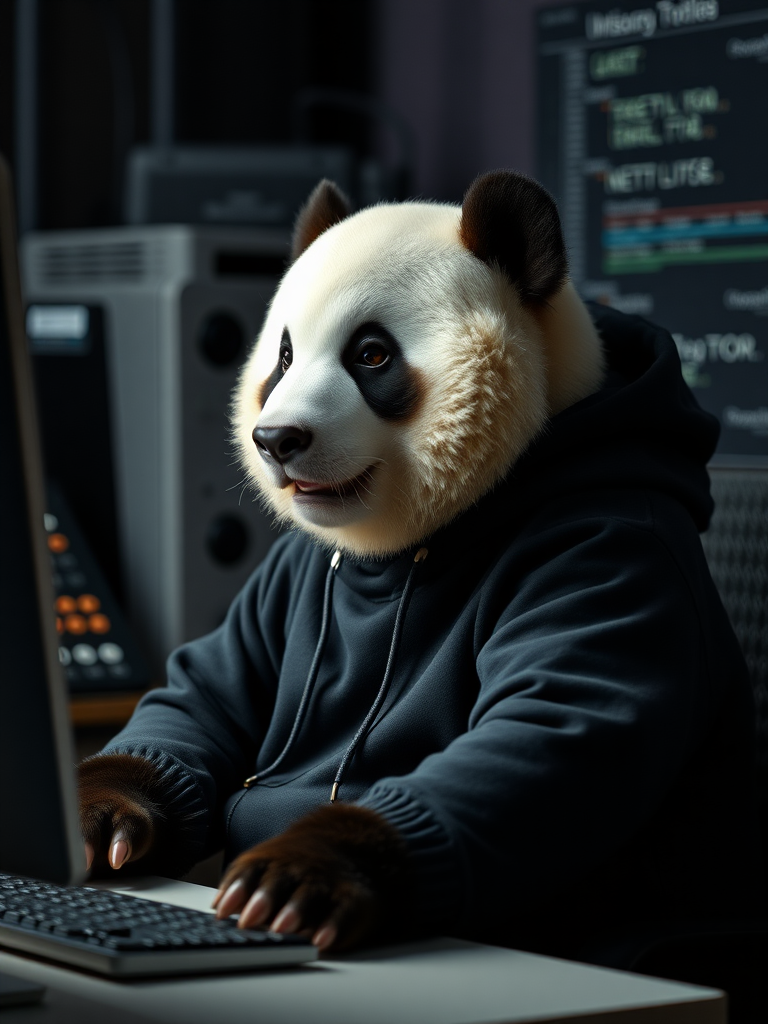 Panda bear sitting in front of a computer while wearing a black hoodie.