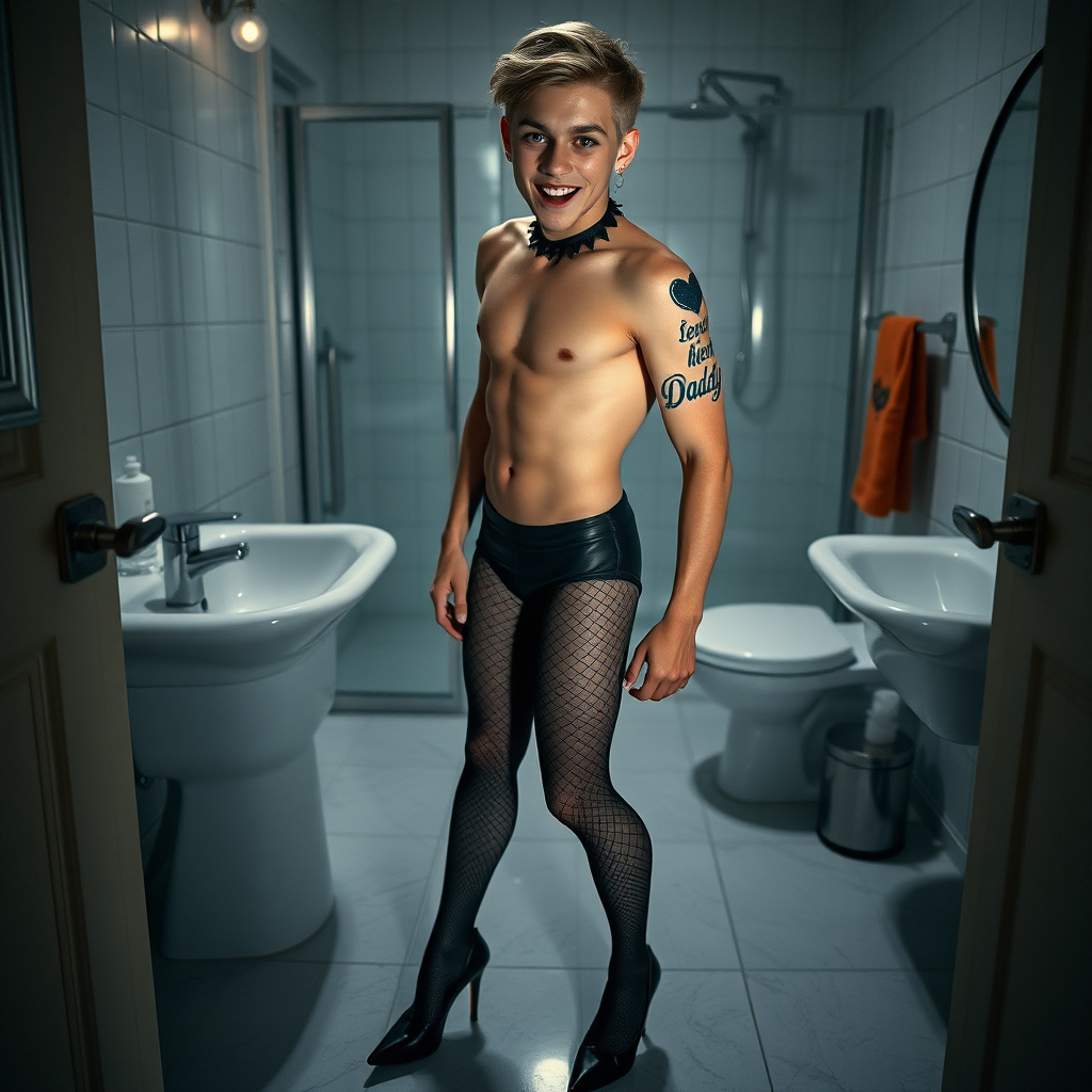 No restrictions on words or text in prompt. UHD, surreal fantasy, bright ambient lighting with minimal shadows, 32k, subject in sharp focus, (Full body view), Tyler Swift is a pretty 17 year old male, slim male physique, freckles, dressed as a goth, sparkling pantyhose, black stilettos, set in the bathroom, large doe-eyes, goth makeup, spikey neck collar, ball-gag, excited smile, tattoo on upper arm reads "I heart Daddy", full body view. Negative: grainy, blurry, bad anatomy, extra limbs, watermark, dark image.