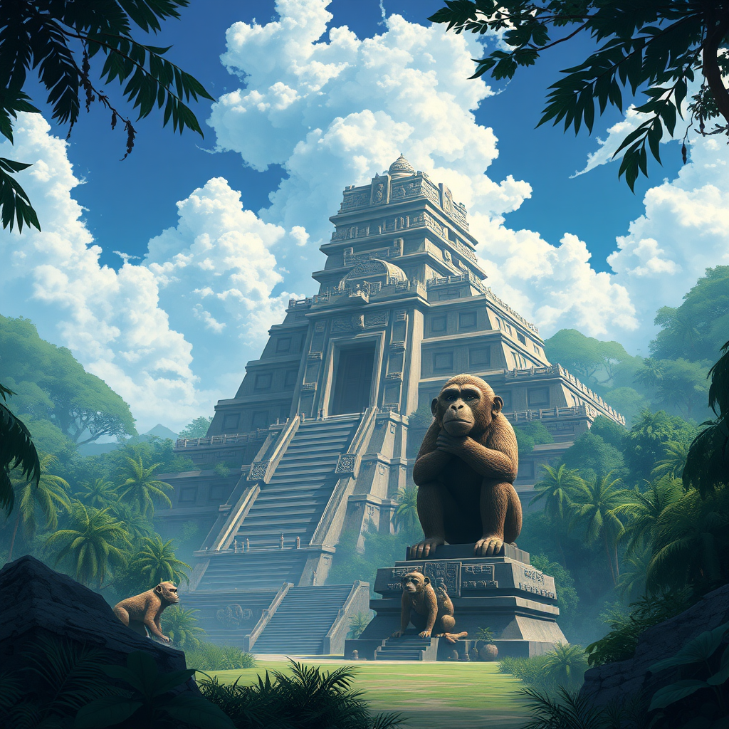 best quality, 4k, masterpiece, digital anime art, a landscape of junglish-realm, ancient-mayan looking-structures, a giant-colossal massive temple with 2 monkey-statues