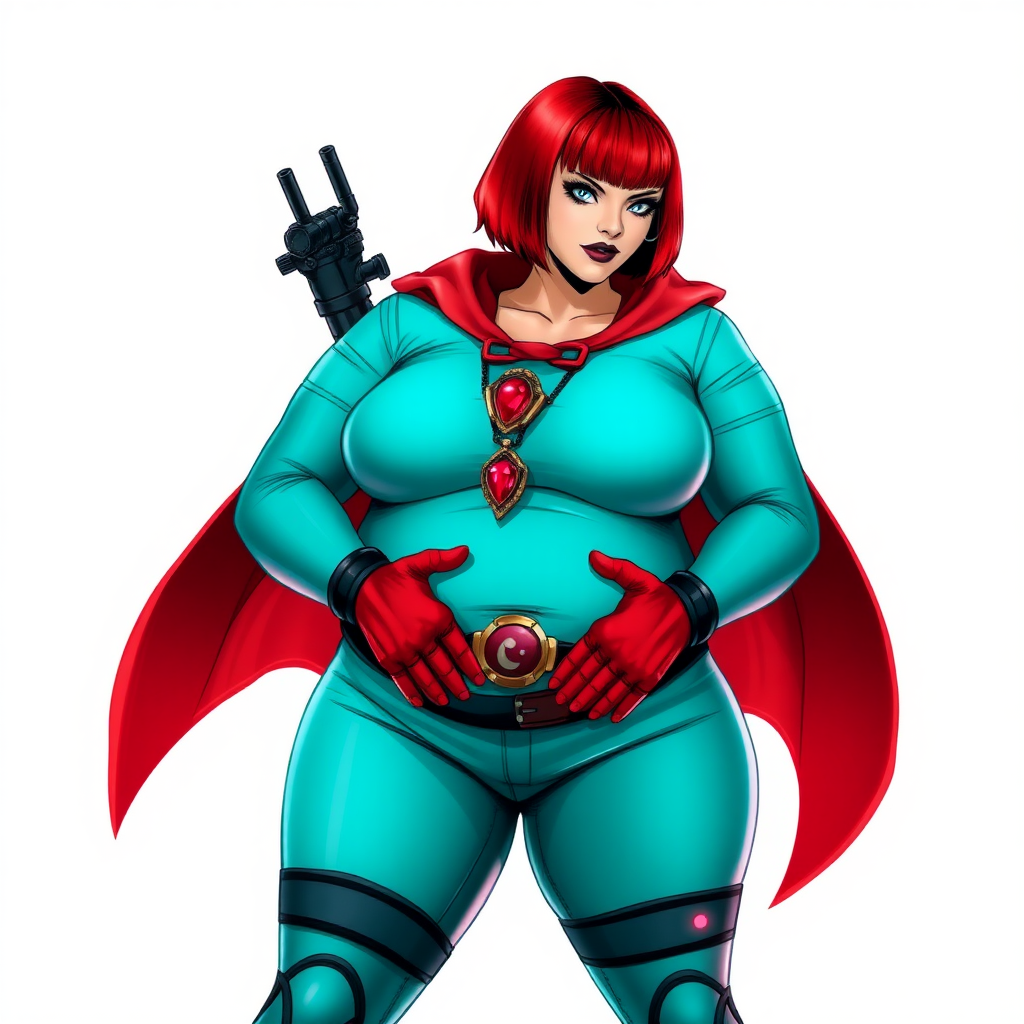 A 26-year-old, full-figured, mystical vigilante detective becomes the heavily pampered mystical ally of her cyberpunk vigilante older brother figure. She has a bright red bob cut, black lipstick, and piercing bright blue eyes. She has a new non-athletic build, now highlighted by a prominent, round, gargantuan midsection (fully focused on her gargantuan belly), which shows the aftermath of her new pampered lifestyle. Despite her pampered physique, she shows full confidence. She wears a biker suit consisting of a enormous, magical, tight-fitting, maximum turquoise t-shirt (accentuating and emphasizing her gargantuan belly) maximum turquoise biker pants, complemented by a glowing neon red cape, a mystical ruby amulet (which is the source of her mystical powers), and magical red gloves glowing neon red. Her stance is firm and resolute, arms crossed, exuding a no-nonsense attitude. Her costume reflects the influence of DC New 52 Prime Earth’s Phantom Lady, Jennifer Knight, while her pose embodies the moral ambiguity and determination reminiscent of DC’s Pax Americana’s The Question. She is on a solid white background. She is drawn as if she was in a retro 2D cyberpunk fighting game. She is clearly non-athletic, with a focus on her full-figured physique (especially her gargantuan belly). Make sure that her t-shirt covers all of her bare skin (especially her gargantuan midsection).