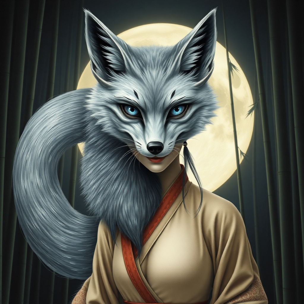 A scary-looking silver nine-tailed fox with blue eyes and the face of a Korean woman, dressed in a hanbok with one nude breast visible, in front of the full moon in a bamboo forest.